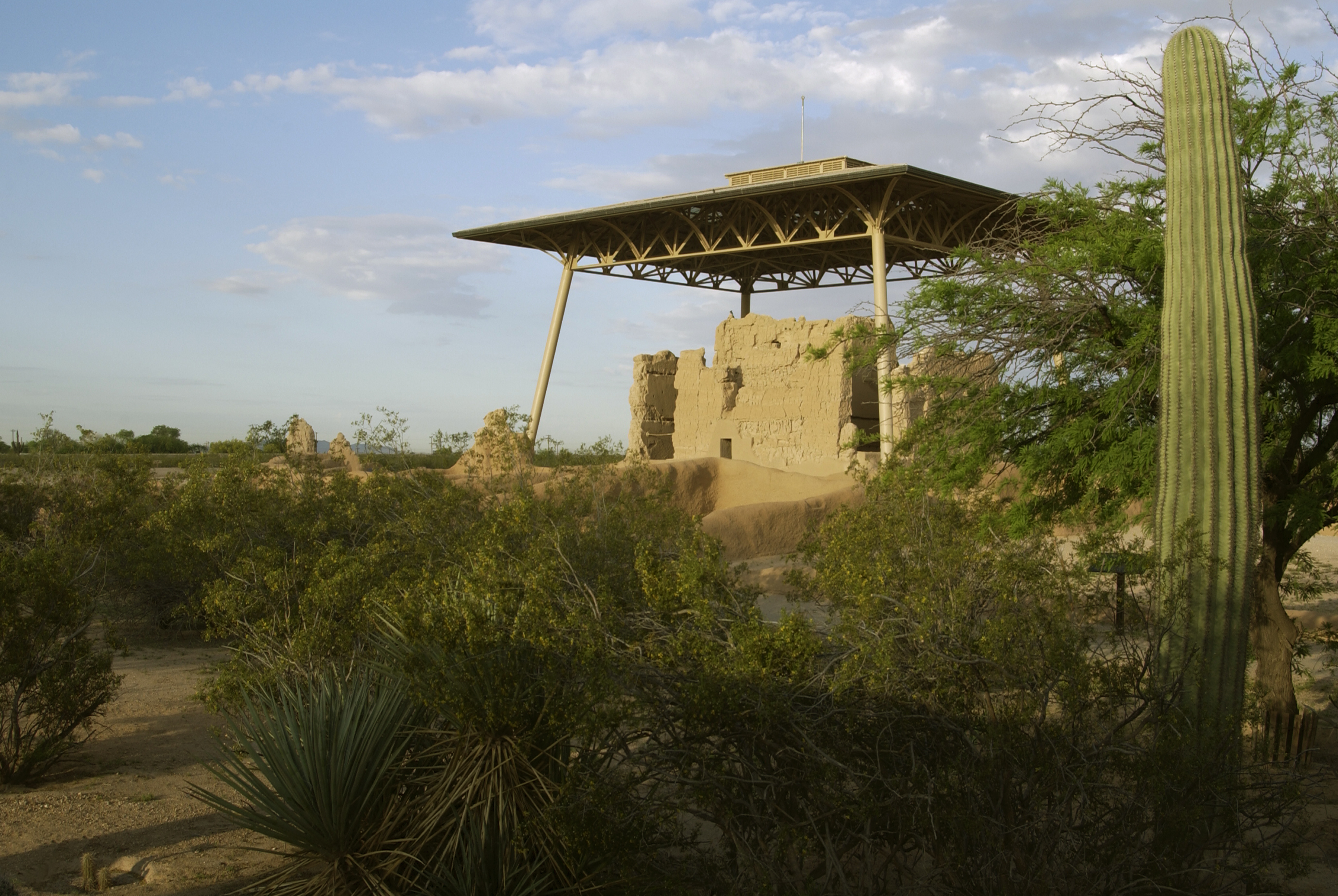 earthern Great House with its roof among desert plants