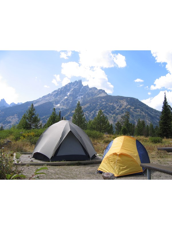 Two tents - one gray and one yellow - with Mount Teewinot in the background