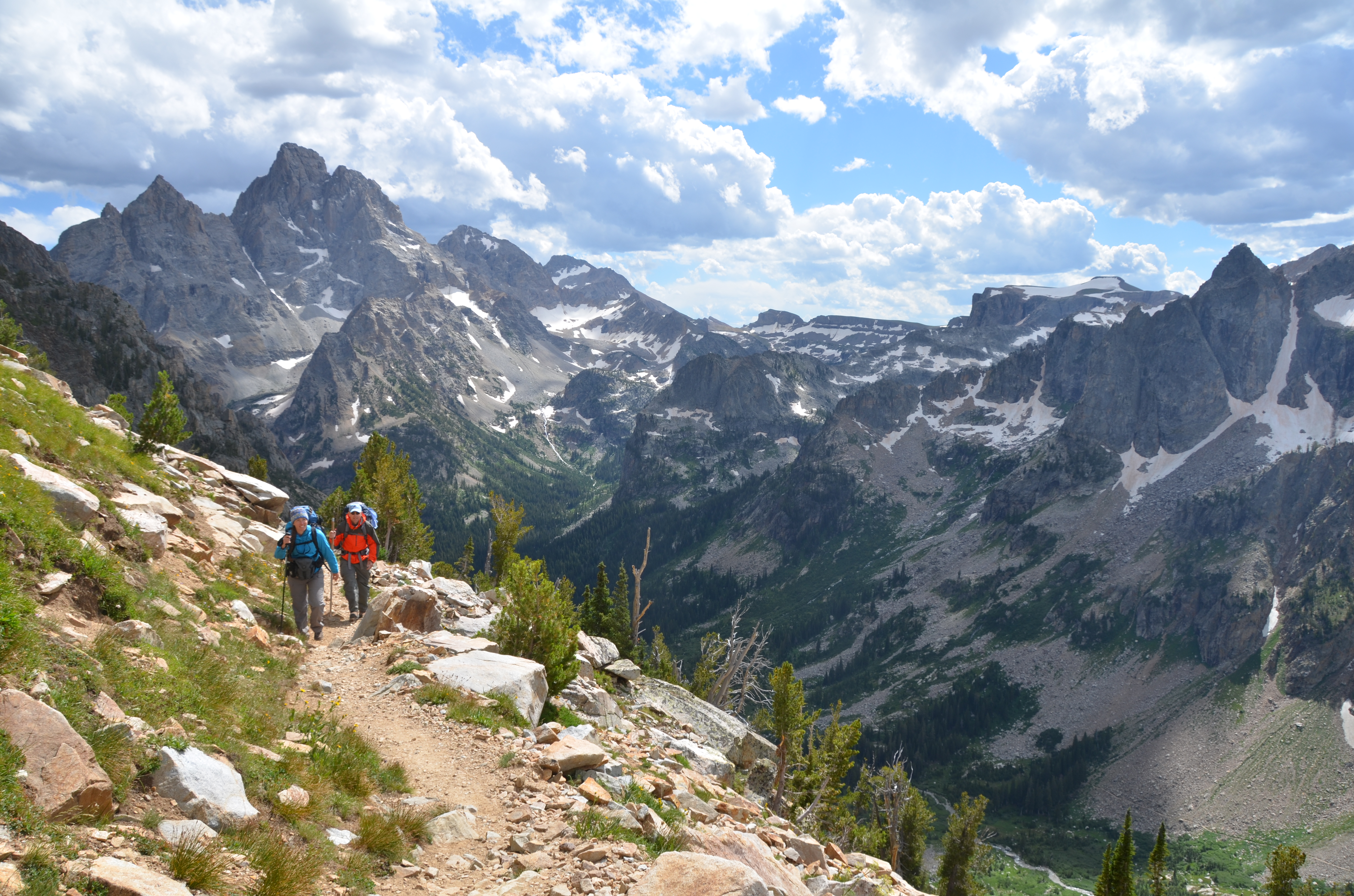 Backpackers in North Fork Cascade Canyon, Grand Teton behind