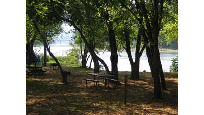 A campsite with a picnic table and grill surrounded by trees and next to a large river.