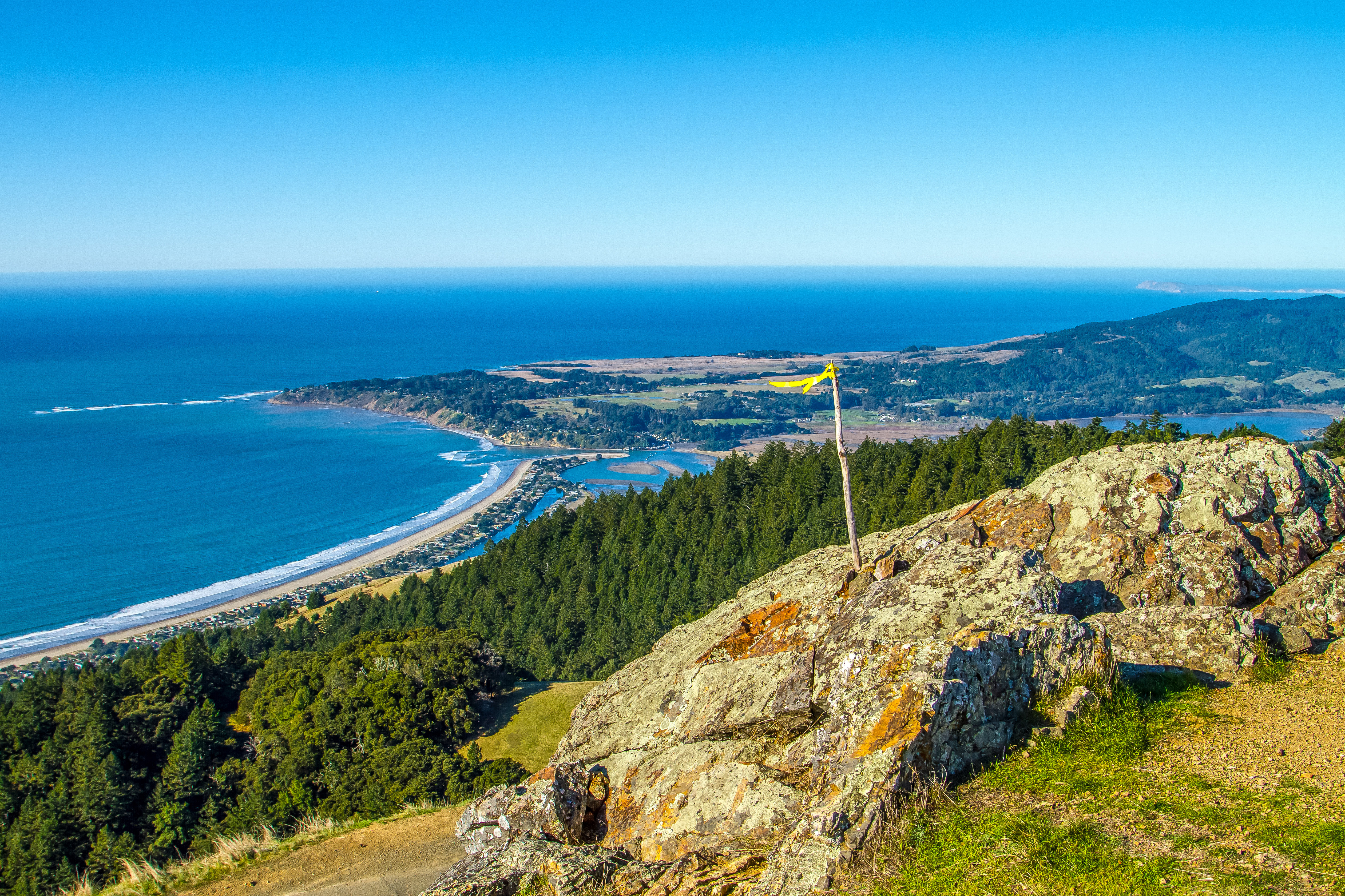 View over the Pacific from Bolinas Ridge; Stinson Beach, Bolinas Lagoon and head in mid-ground.