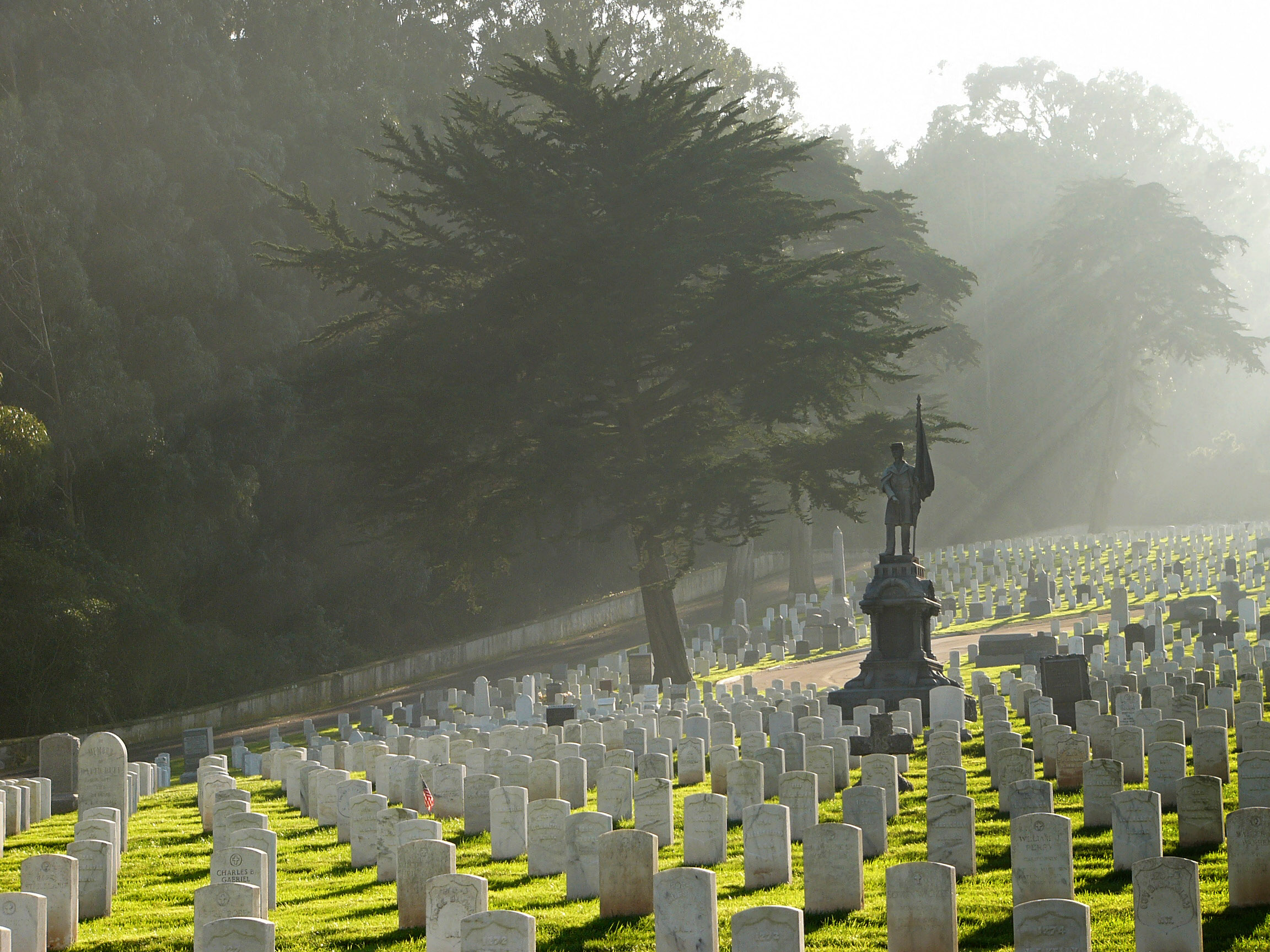 Rows of grave markers in the green grass of the cemetery as light shafts through misty trees.