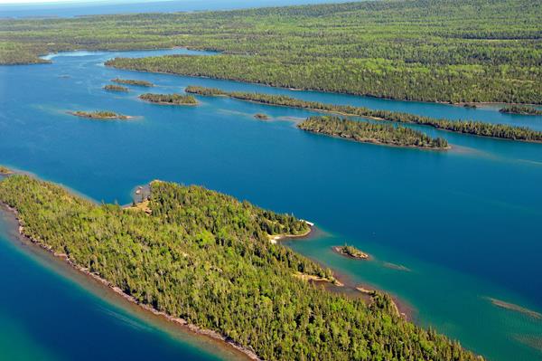 Aerial view of Belle Isle and surrounding waterways.