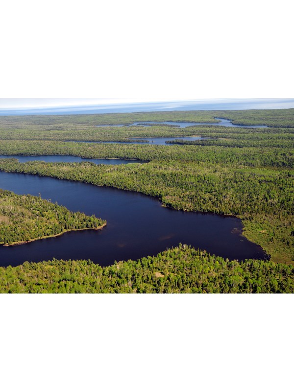 Aerial view of the blue water of Chickenbone Lake.