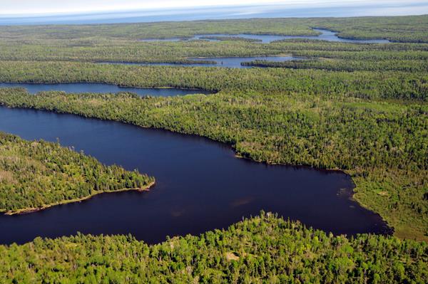Aerial view of the blue water of Chickenbone Lake.