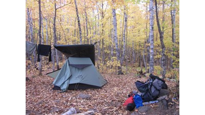 Golden sugar maple leaves surround a tent at a campsite at North Lake Desor Campground in fall.