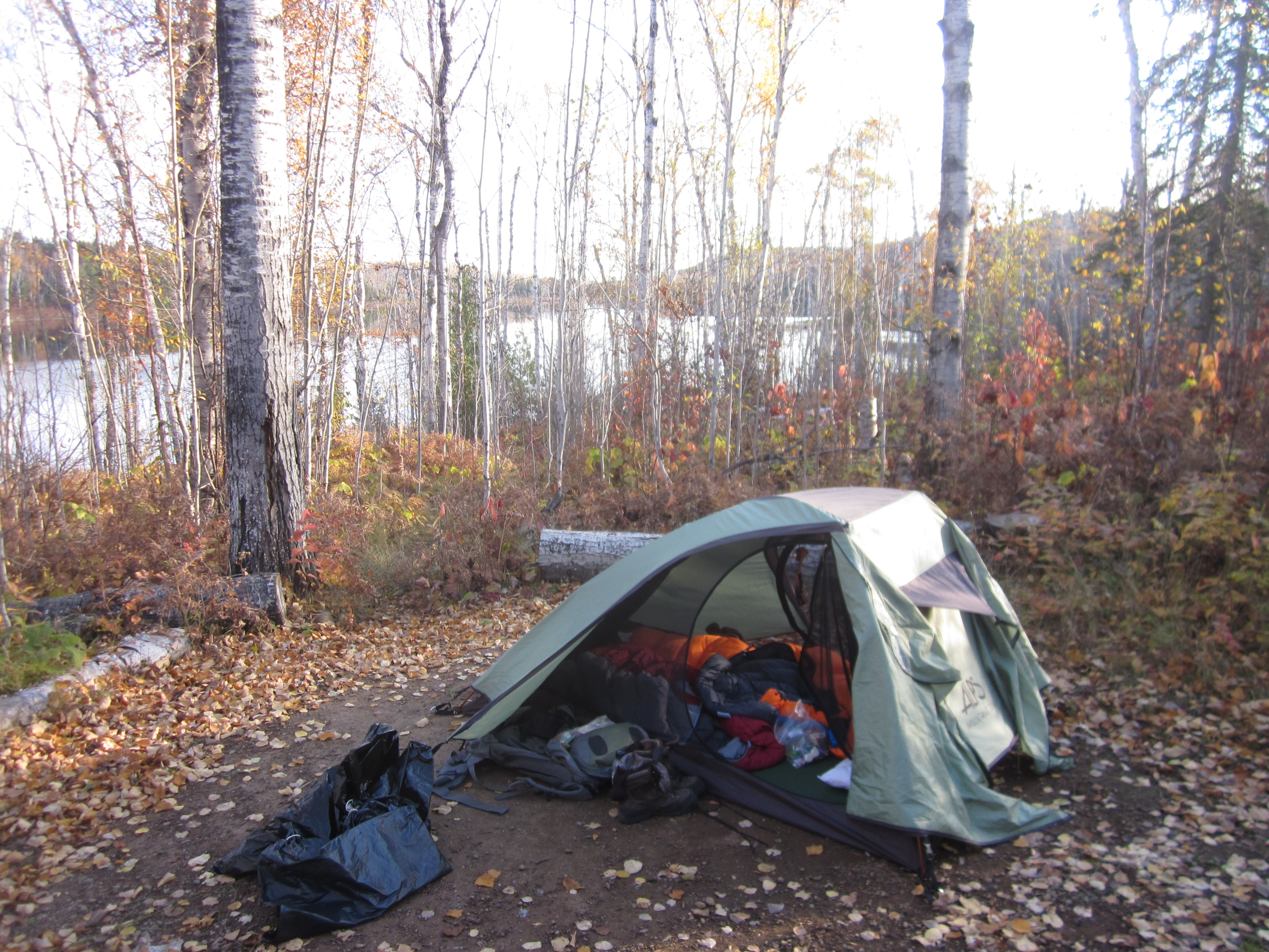 A tent at an individual tent site with a view of Hatchet Lake in the fall.
