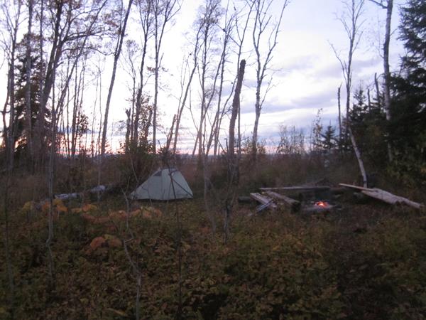 Tent set up at a Little Todd Campground tent site at sunset.