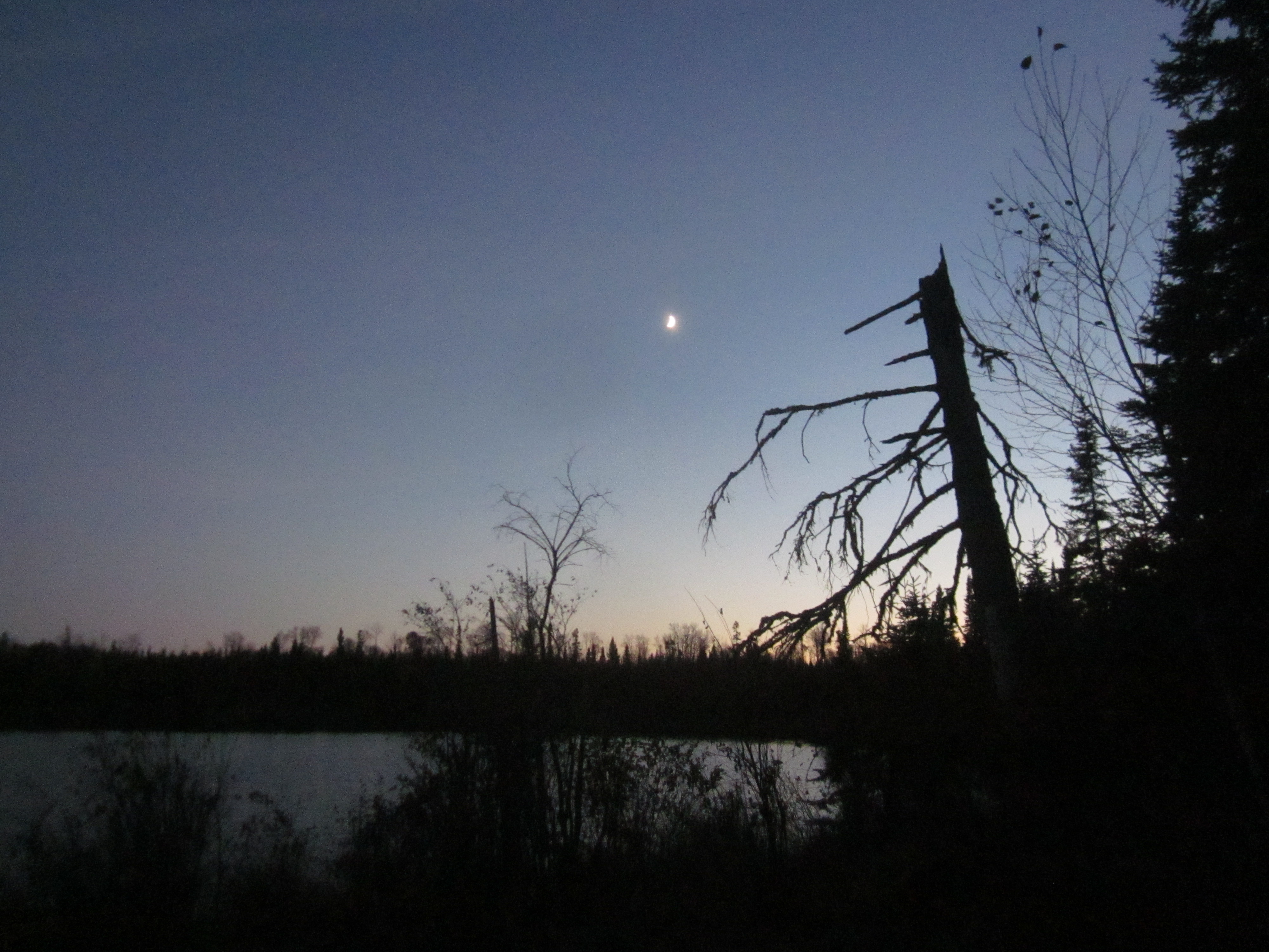 Soft sunset with small moon visible at Moskey Basin Campground.