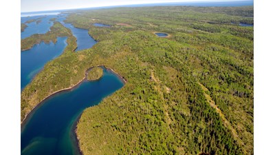 Aerial view of the blue waters of Herring Bay and Pickerel Cove.