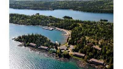 Aerial view of Rock Harbor and the Rock Harbor Lodge complex.