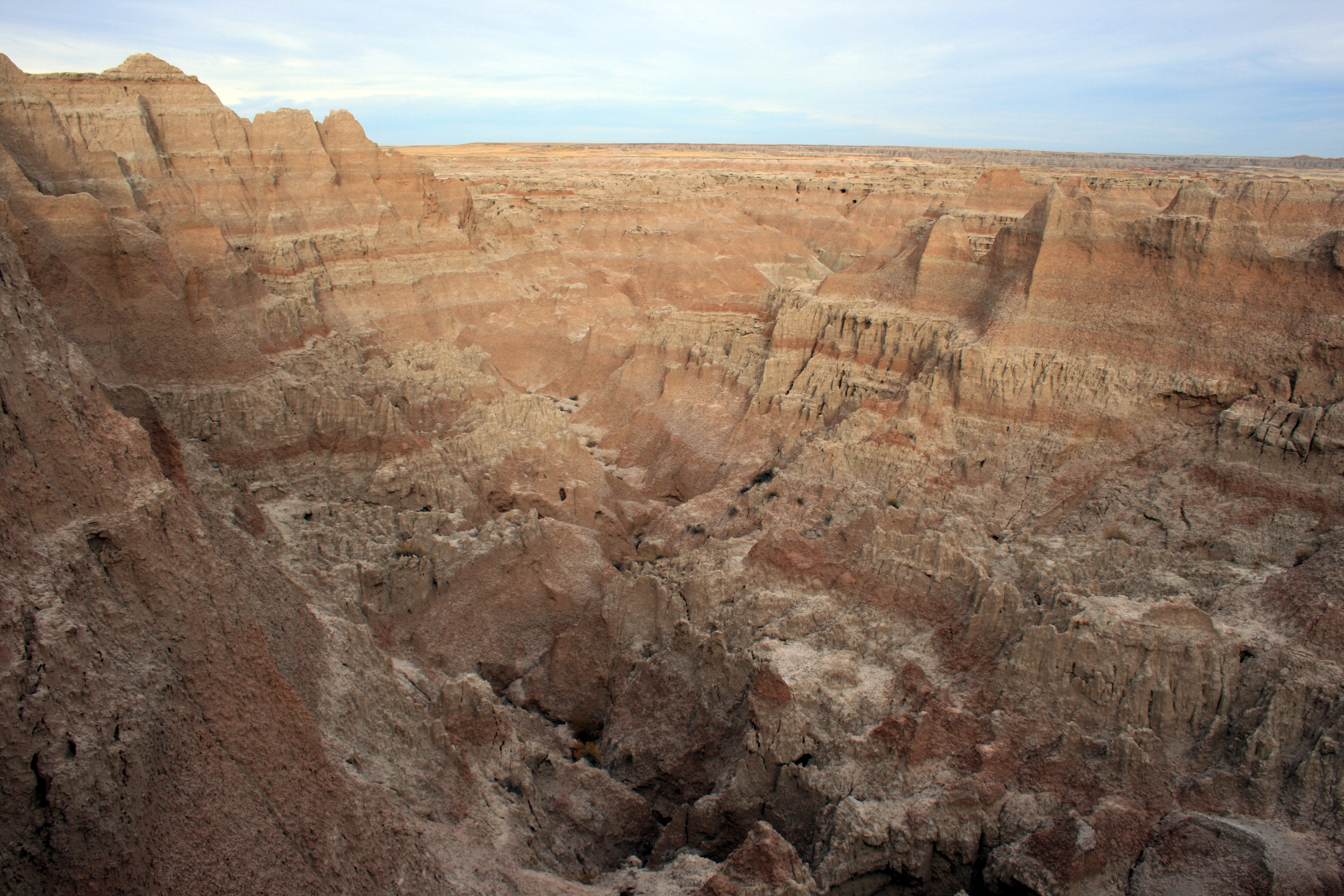Badlands formations are very rugged and often have sharp peaks.