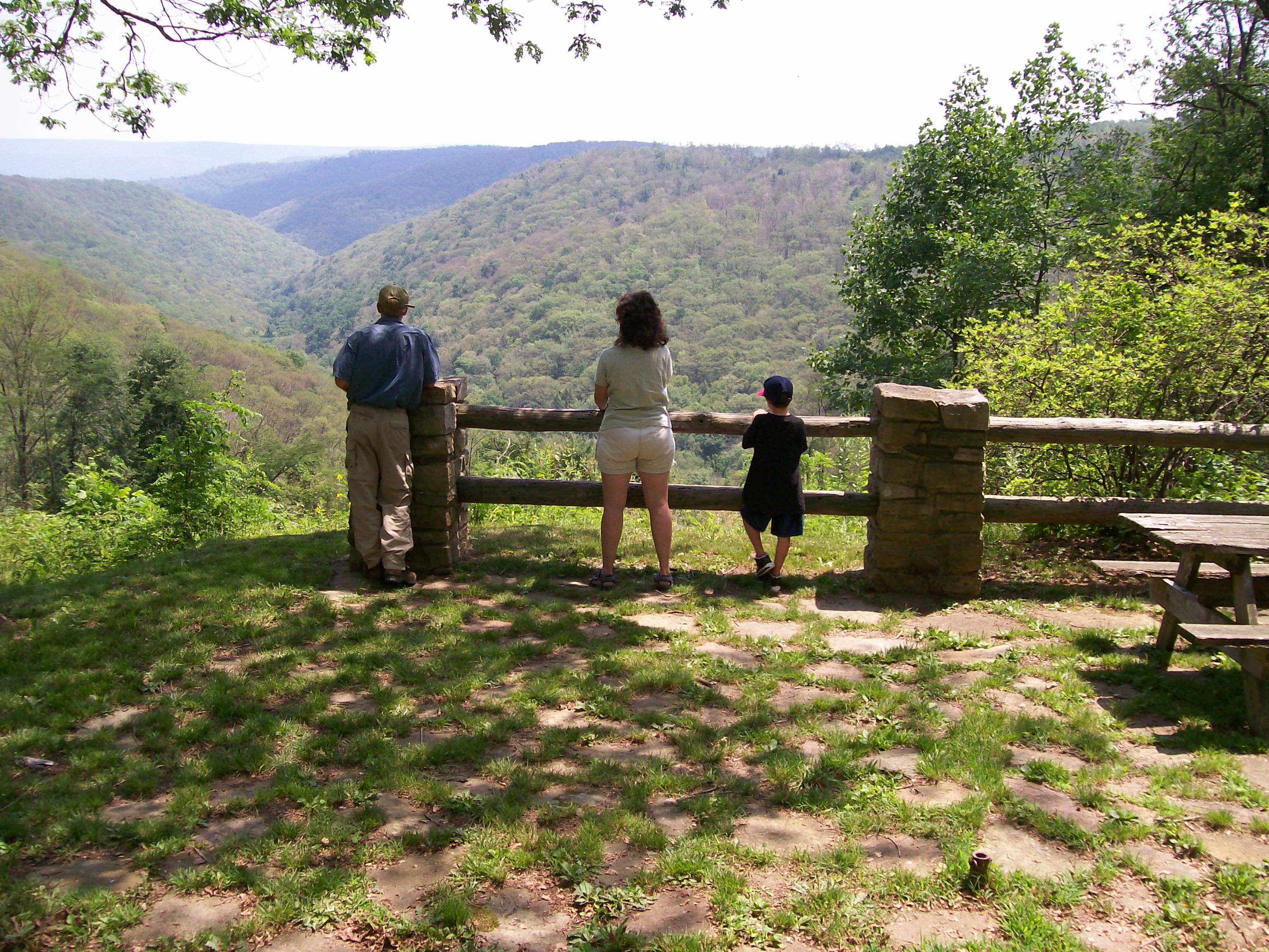 A man, woman and child stand overlooking a valley of mountains and trees on a sunny summer day.
