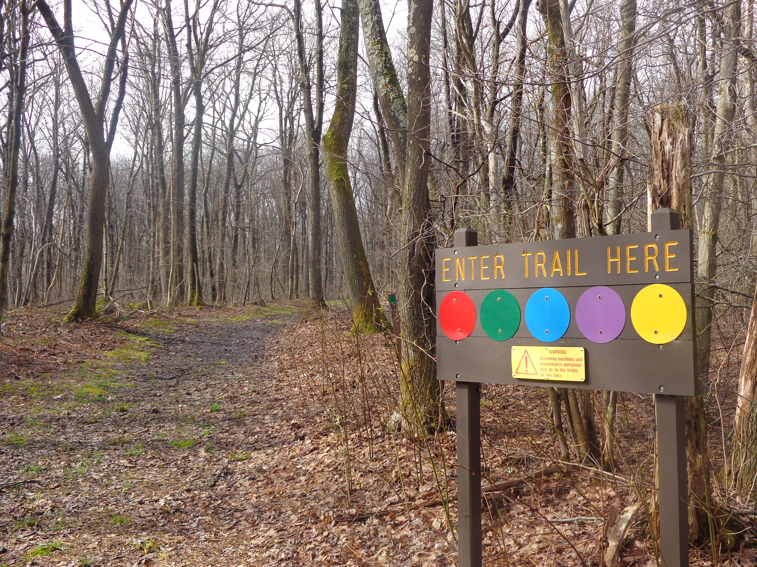 Signage stating "Enter Trail Here" sits before a trail head in a wooded fall setting with bare trees
