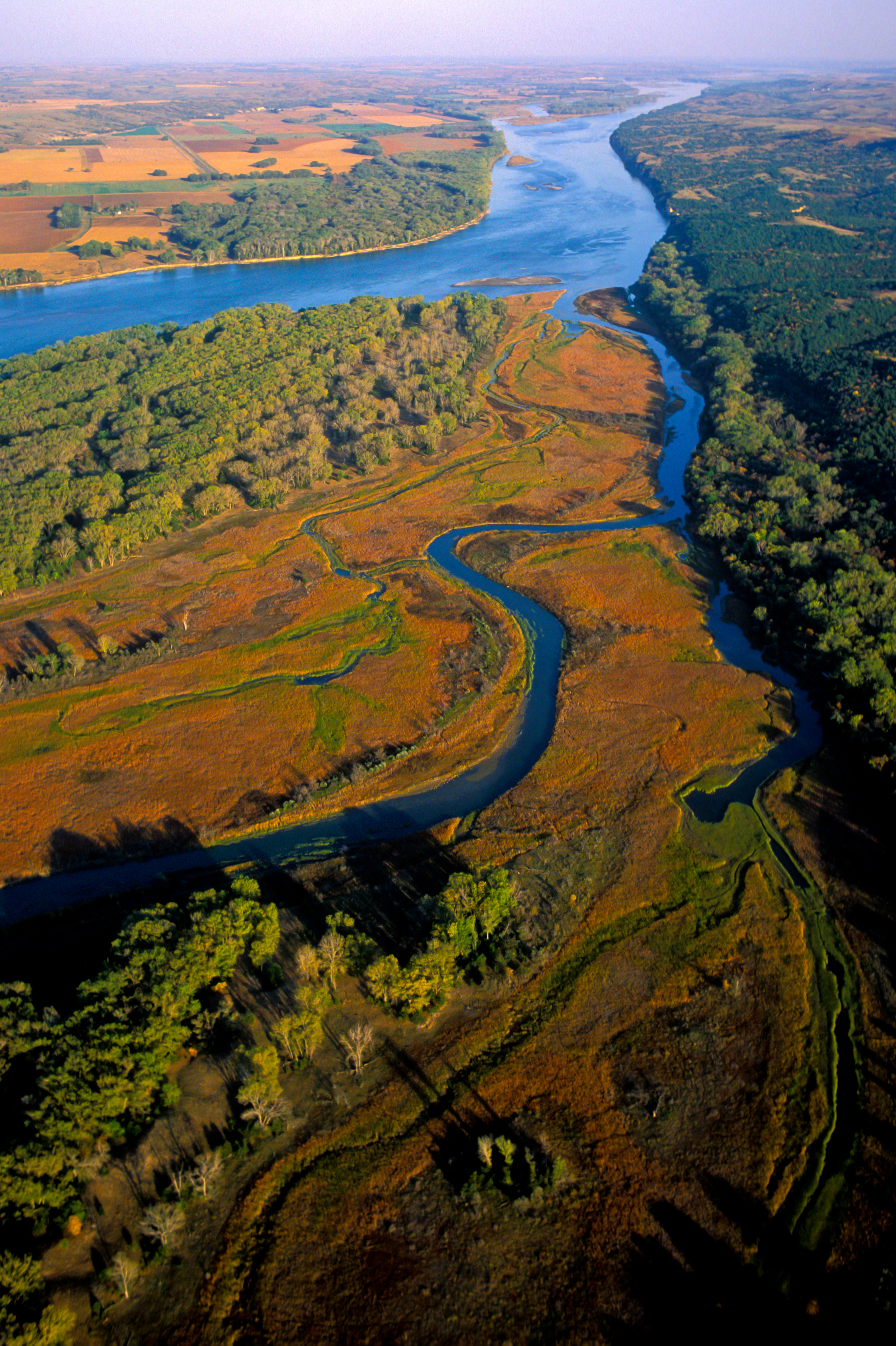 Aerial view of the Missouri River and surrounding landscape.