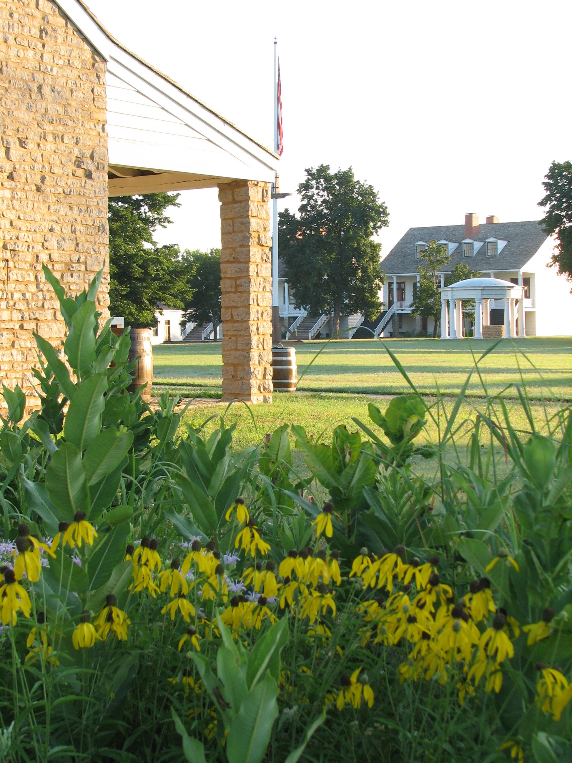 A field of sunflowers next to a stone building.  Wood frame structures in background.