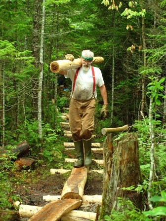 A volunteer is carrying a split log while walking across a wooden footbridge in the woods.