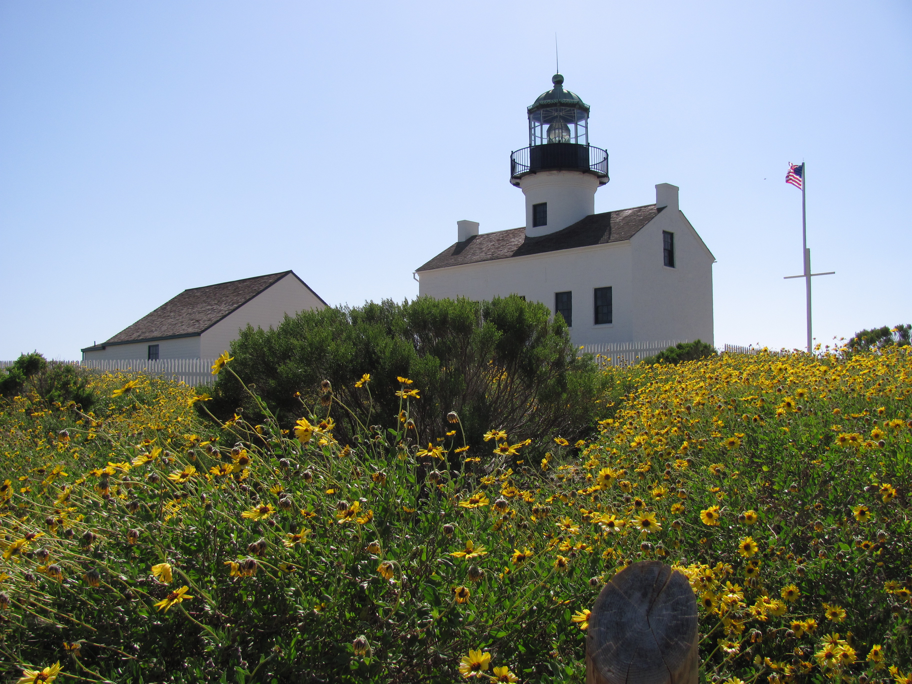 Spring flowers in front of Old Point Loma Lighthouse