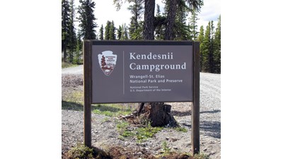 Kendesnii Campground sign with forest in the background.