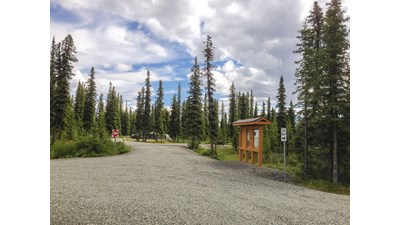 View of campground road and campsites with forest and cloudy skies in the background.