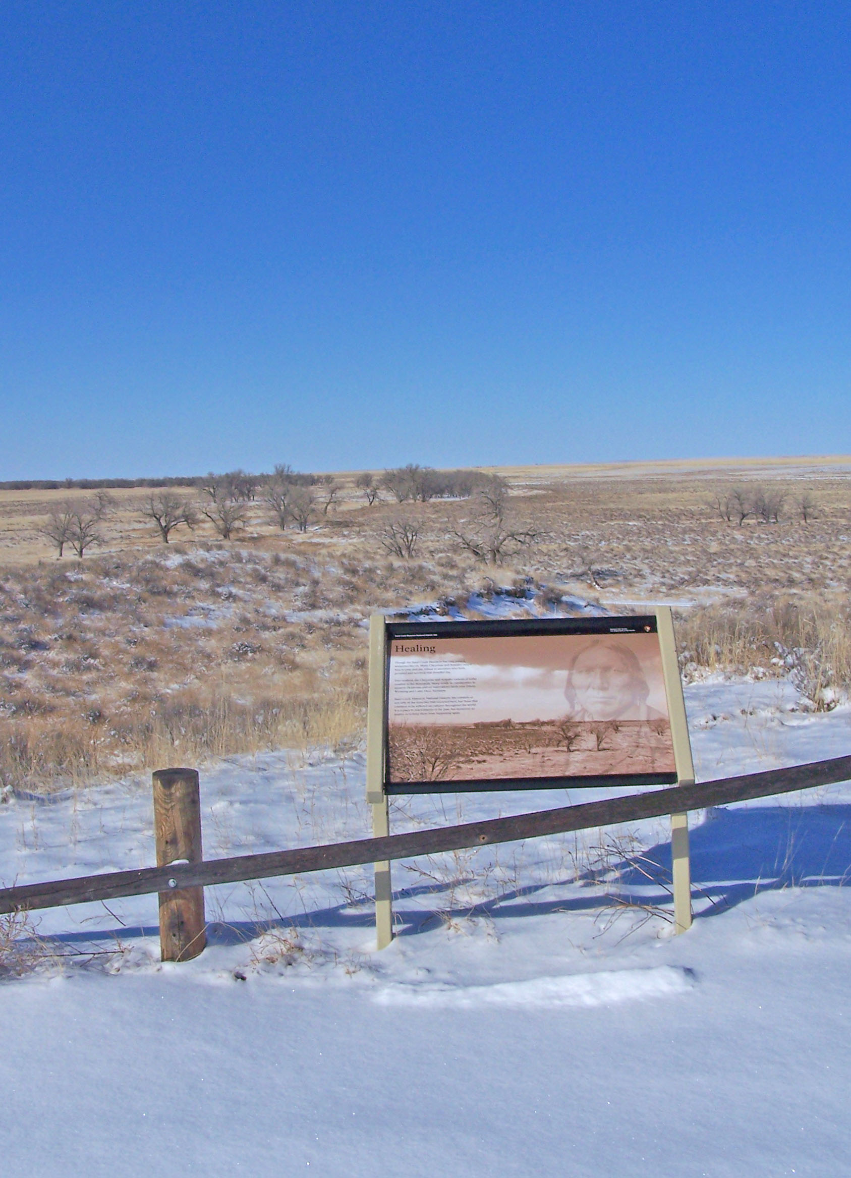 A wayside in the snow-covered foreground with a winter plain stretching behind.
