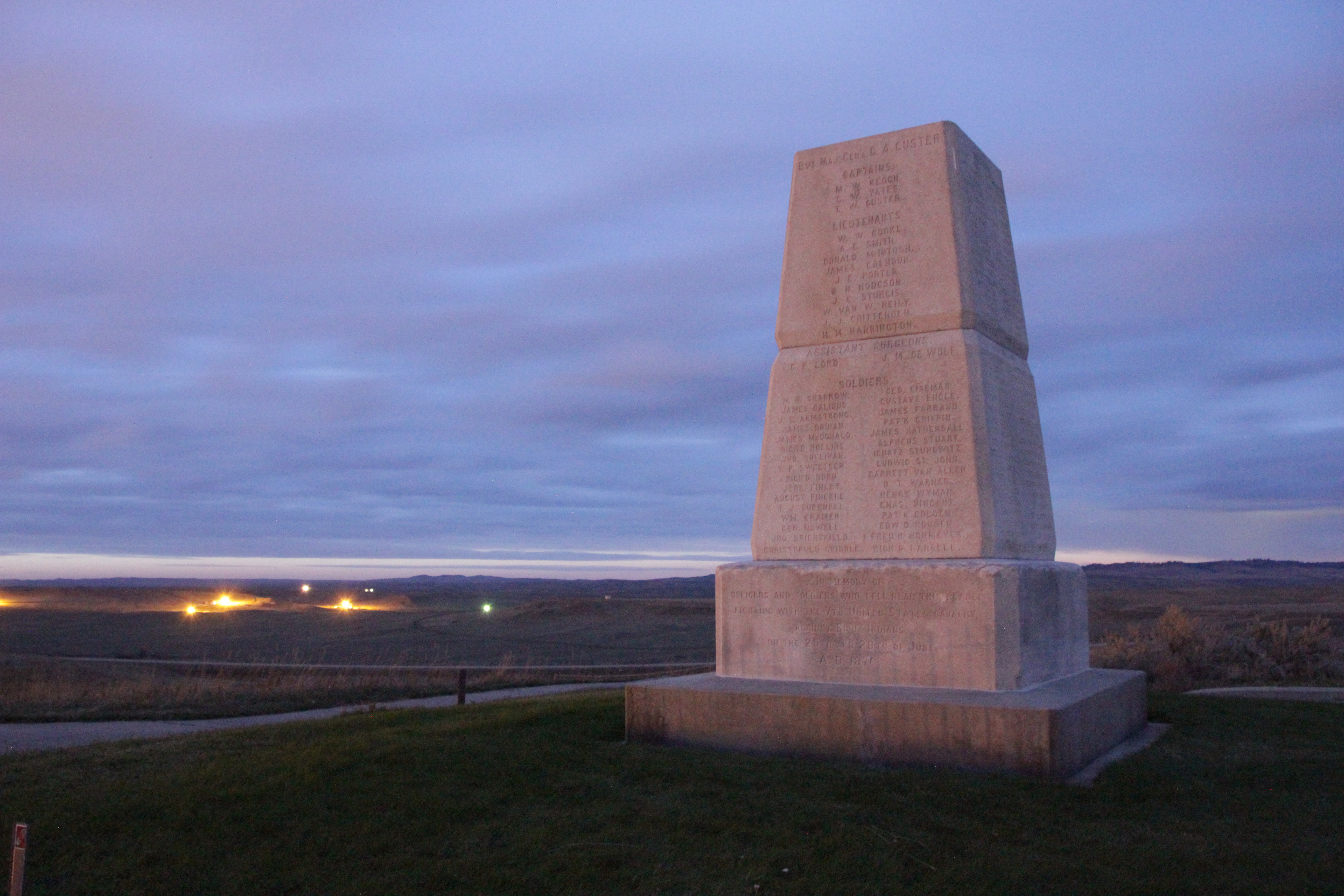 The Seventh Calvary Memorial at dusk.