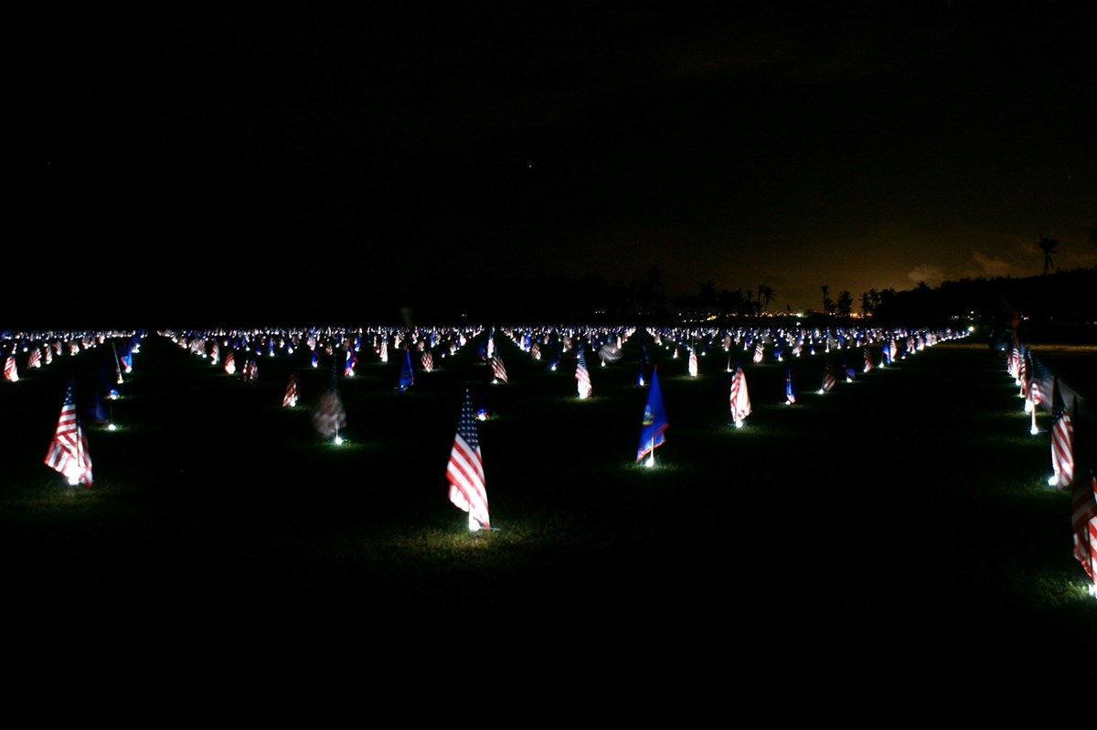 Night view of light up US flags.