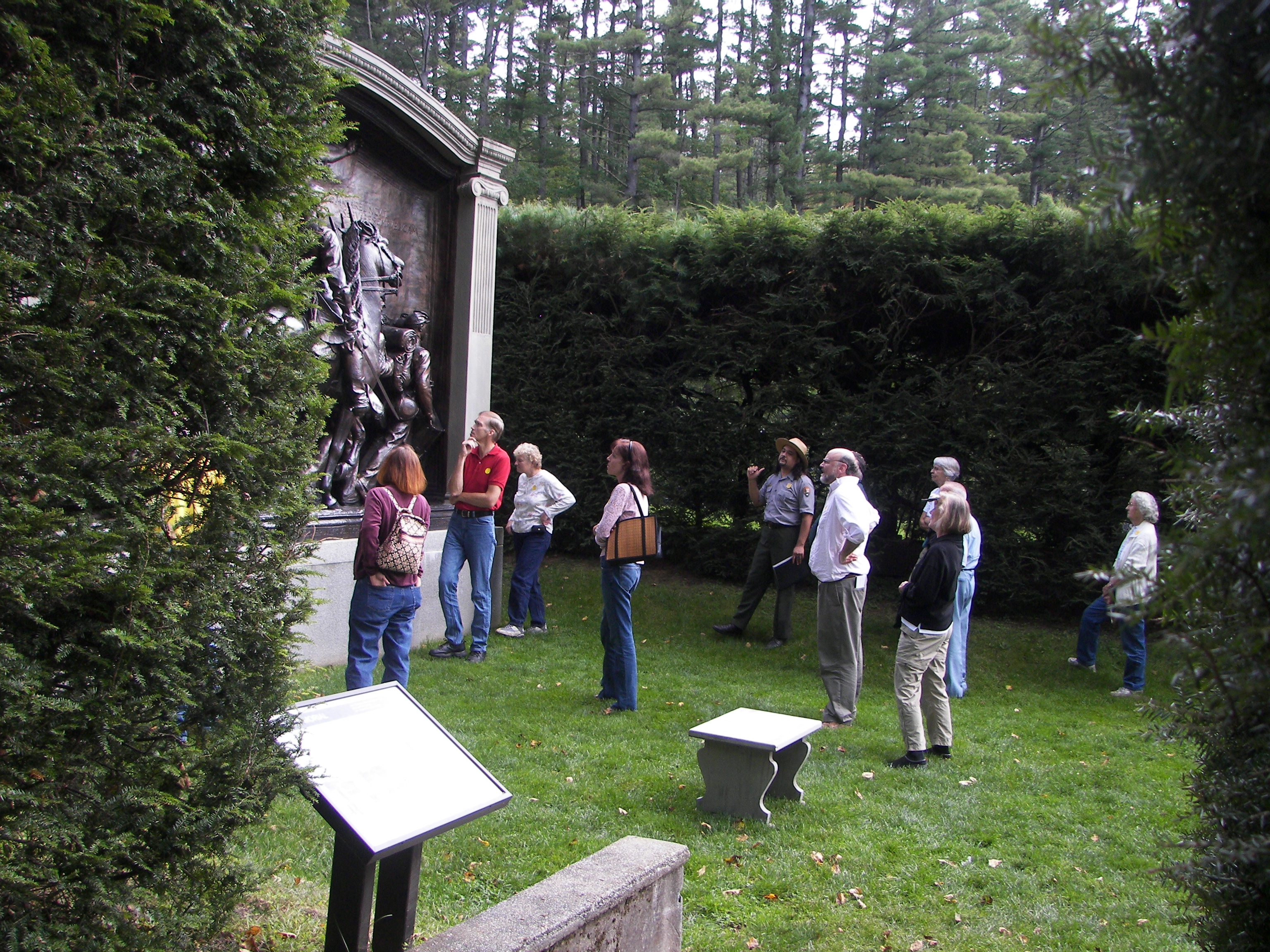 Visitors looking at the Shaw Memorial