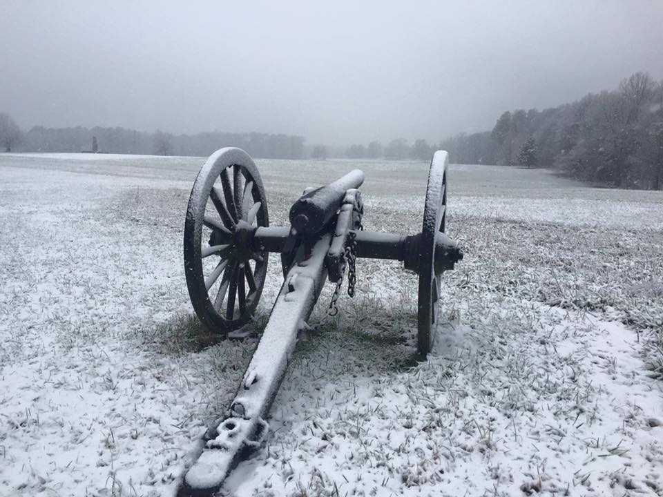 Snow covered cannon overlooking the Crater Battlefield