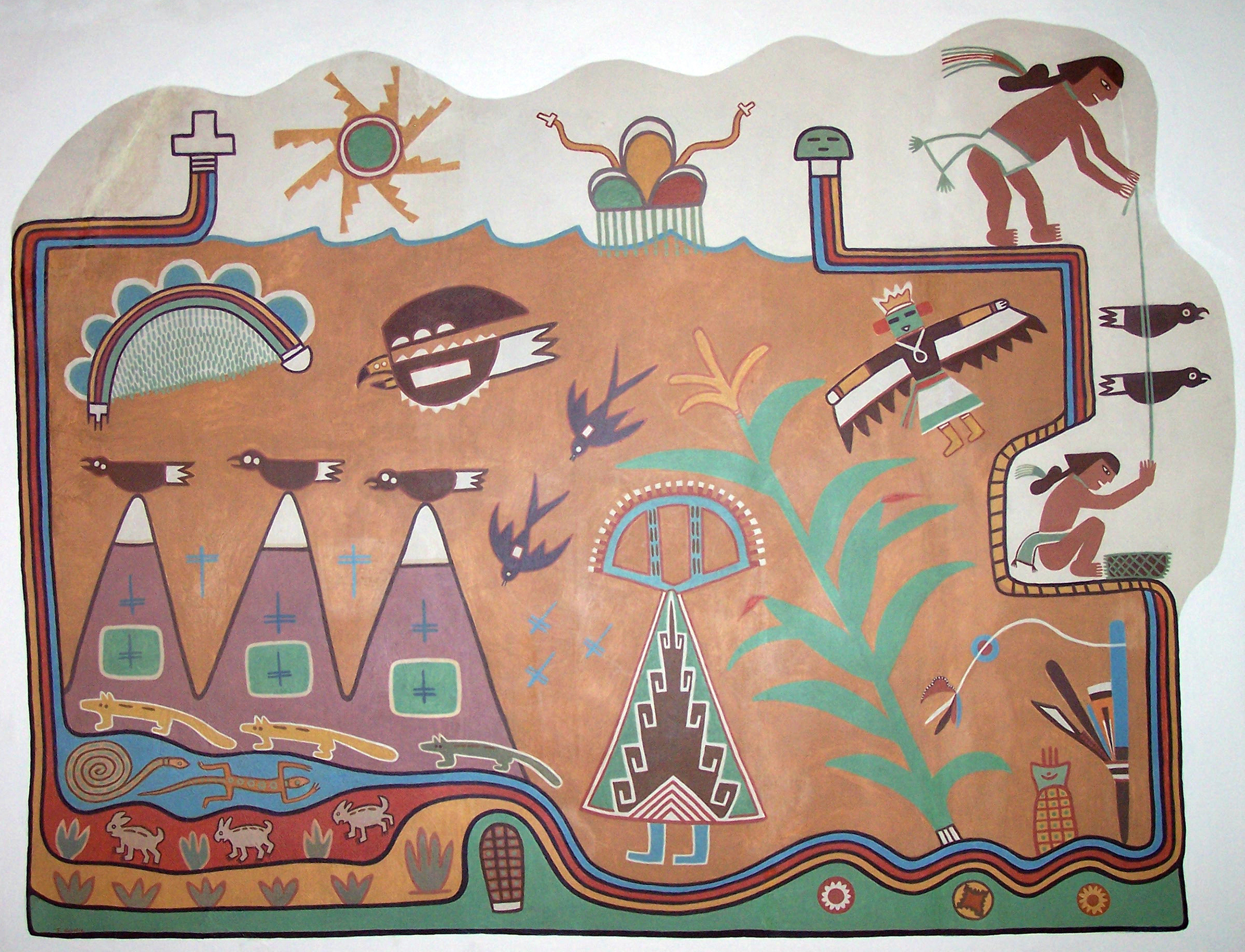 Many Hopi symbols are represented in this mural including eagles, corn, and rain.