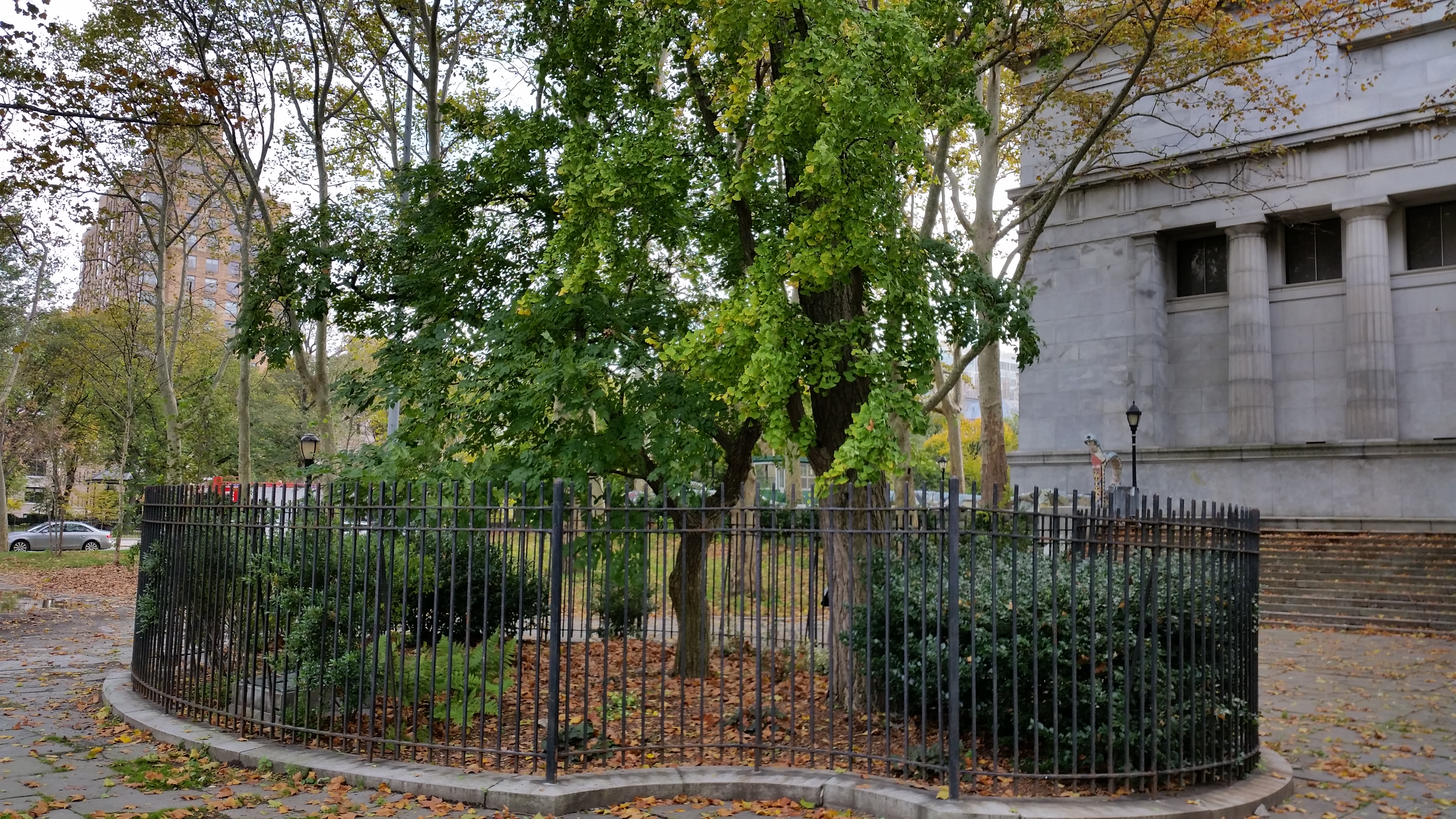 A black wrought-iron fence surrounds two trees. The enclosure is located directly behind the tomb.