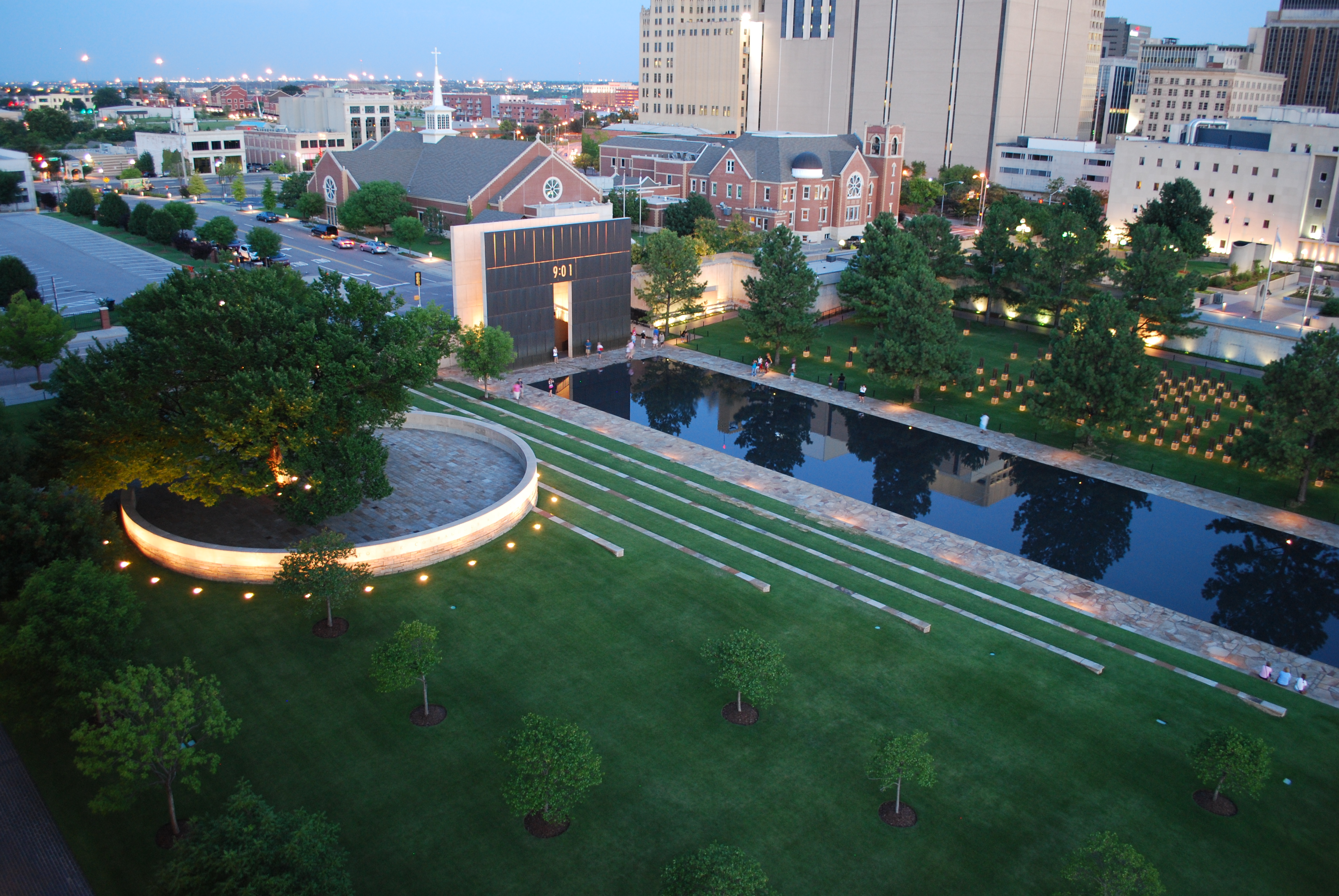 Summer evening photo of the Memorial lit up at night