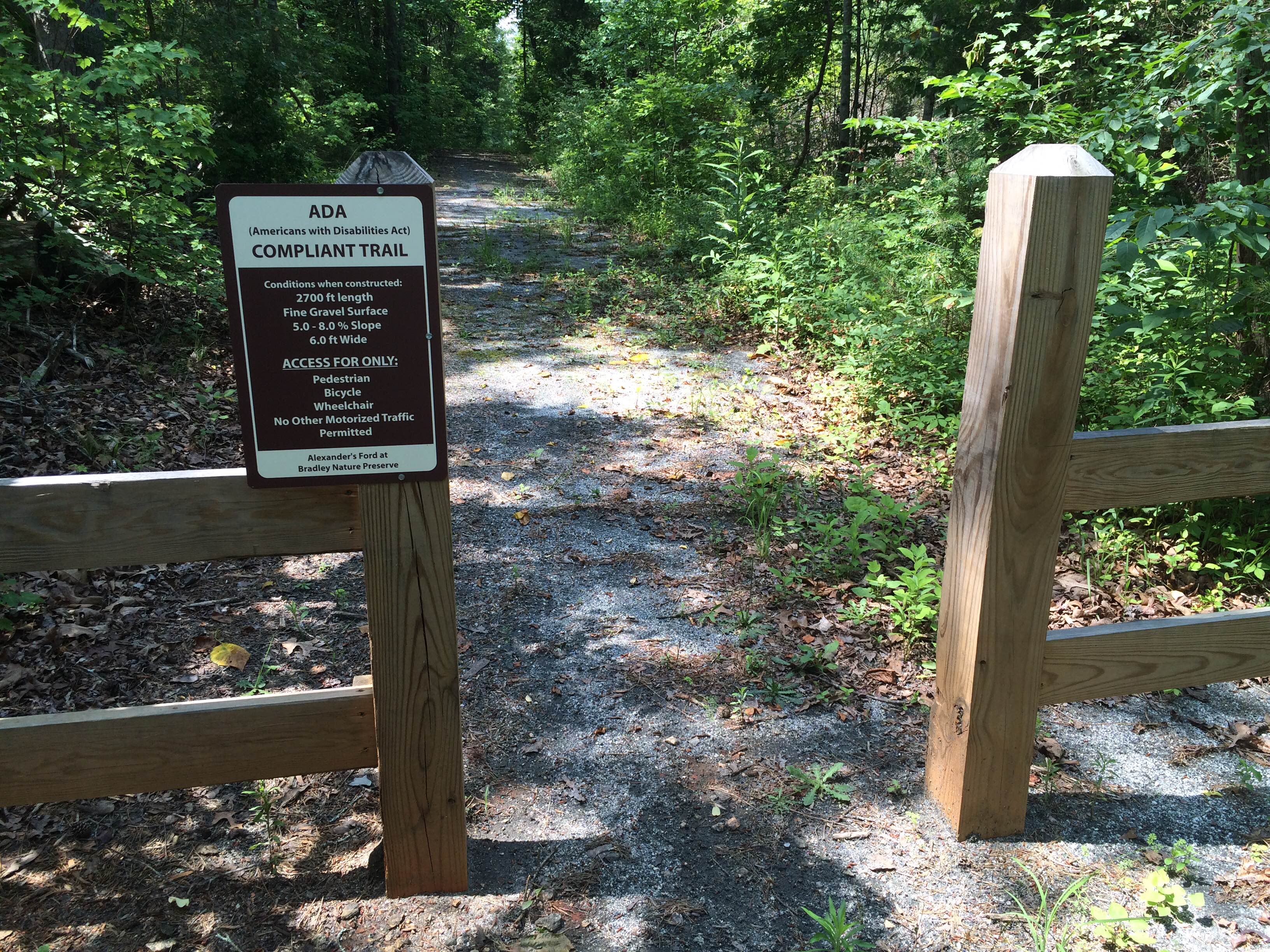 A sign on the trail indicates that this section is compliant with the American with Disabilitie Act.
