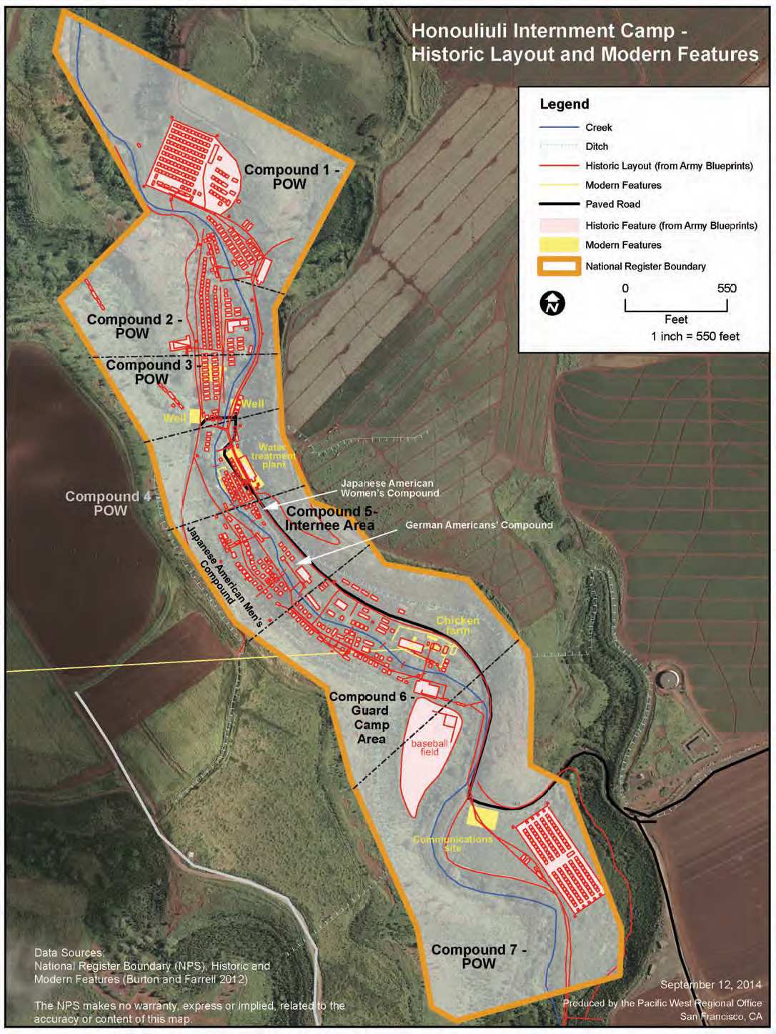 Satellite image of Honouliuli Gulch with a historic overlay illustrating Honouliuli's layout