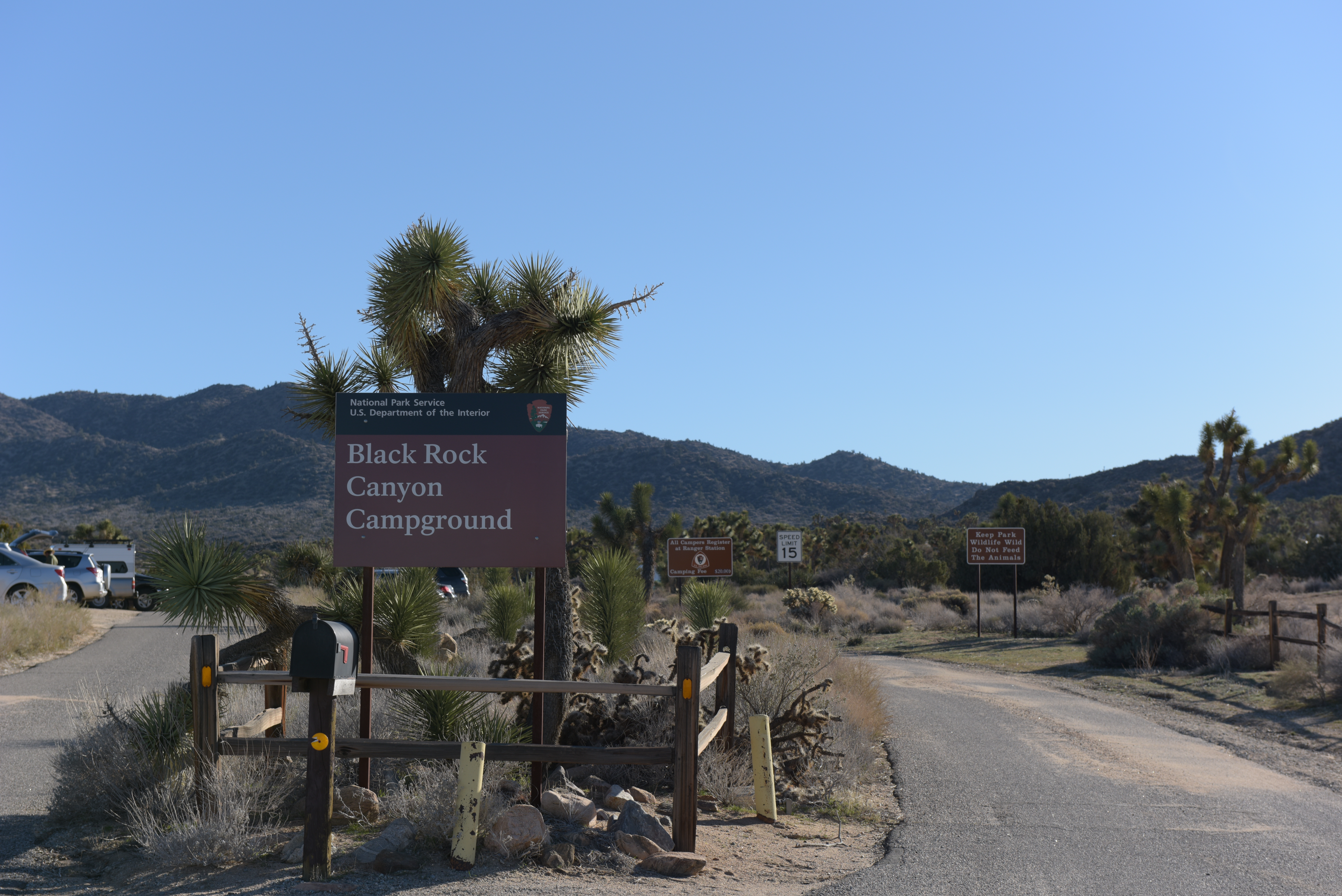 A road leads past a sign that says "Black Rock Canyon Campground"
