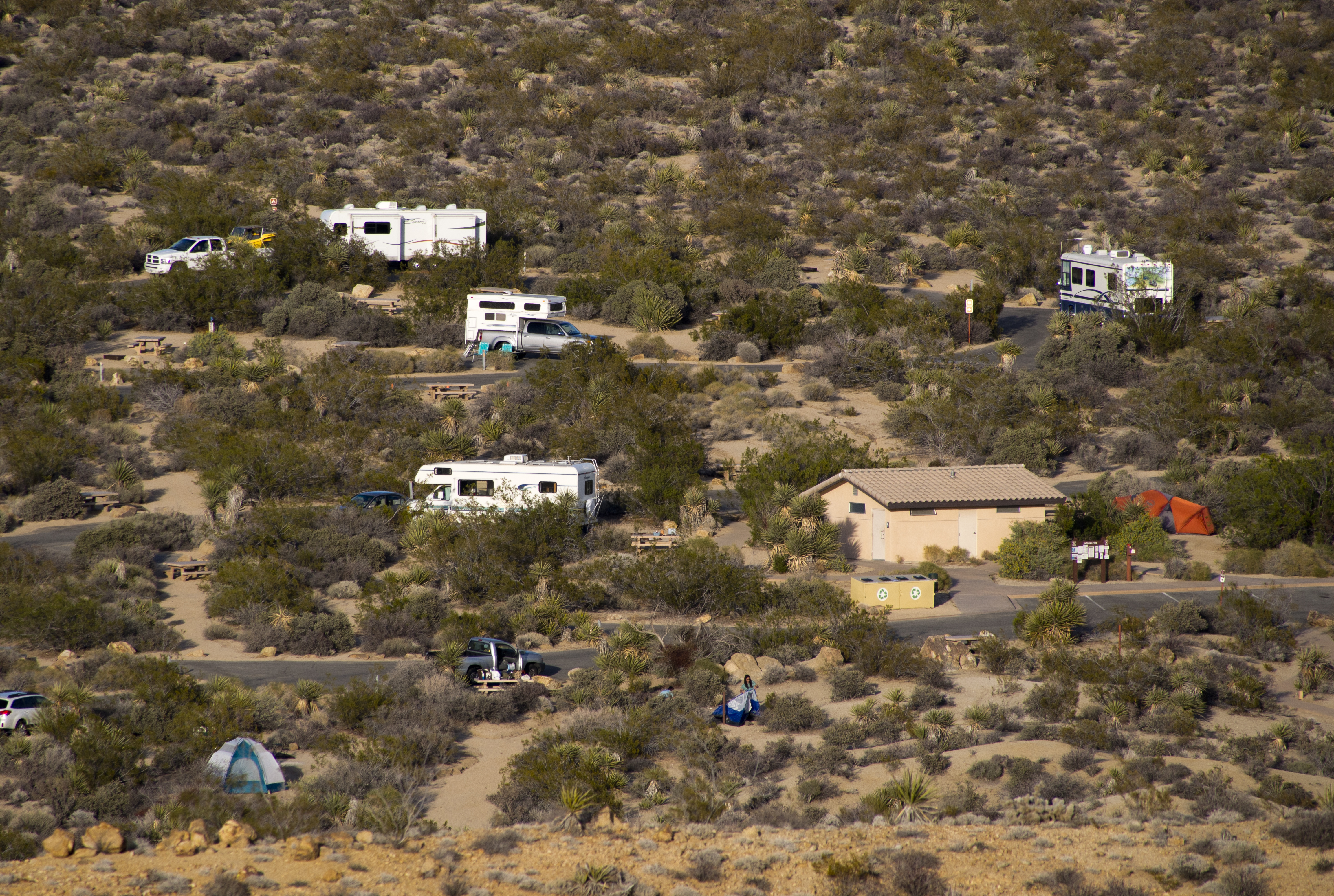 A view looking down onto the Cottonwood Campground showing the bathrooms, tent sites and RV sites.