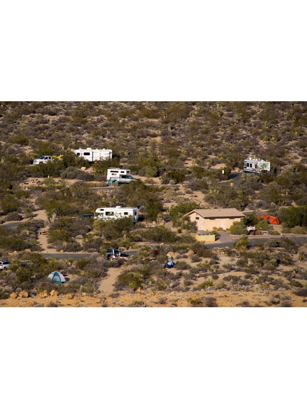 A view looking down onto the Cottonwood Campground showing the bathrooms, tent sites and RV sites.
