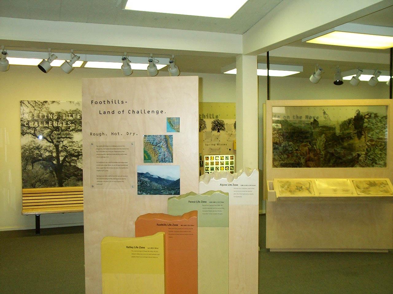 A freestanding exhibit panel in the foreground and wall-mounted panels in background of Foothills VC