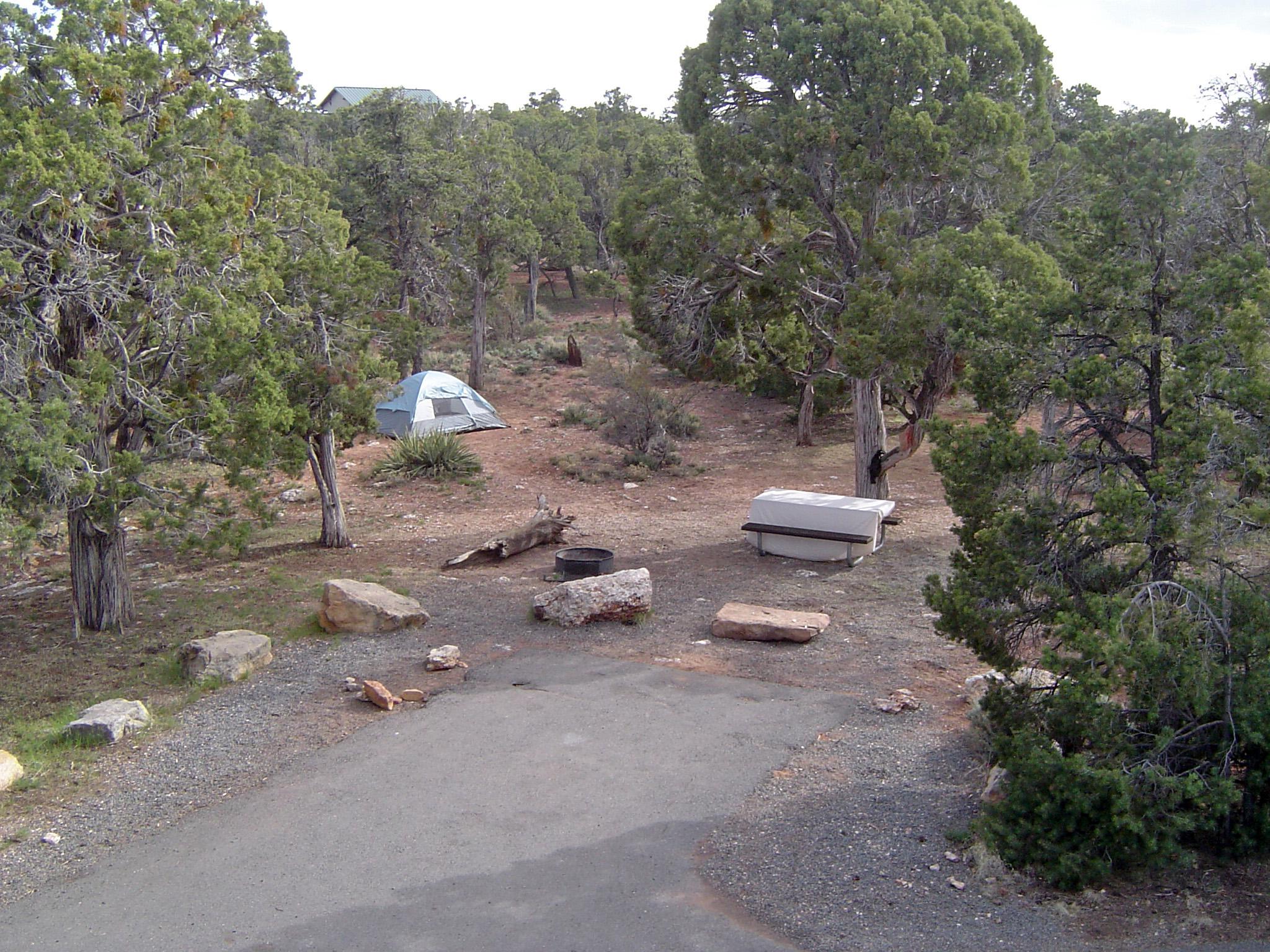 An empty campsite containing only a tent, draped picnic table, and fire ring