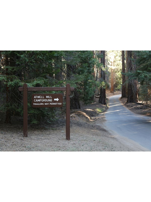 A sign reads "Atwell Mill Campground" near a narrow road
