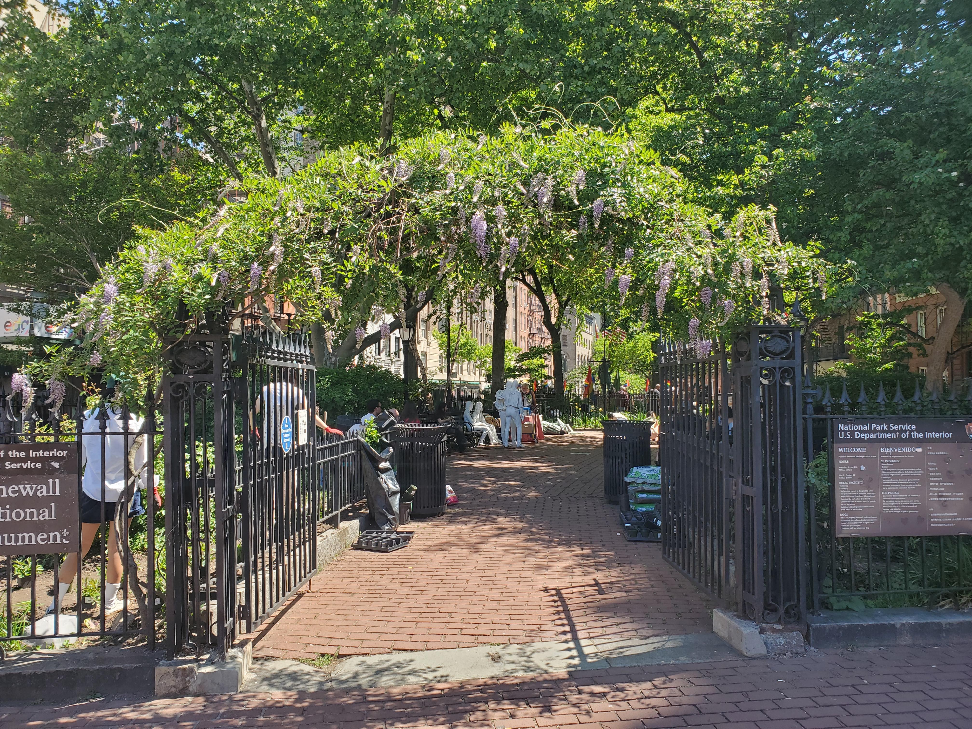 An open black fence gate with green plants blooming above it.