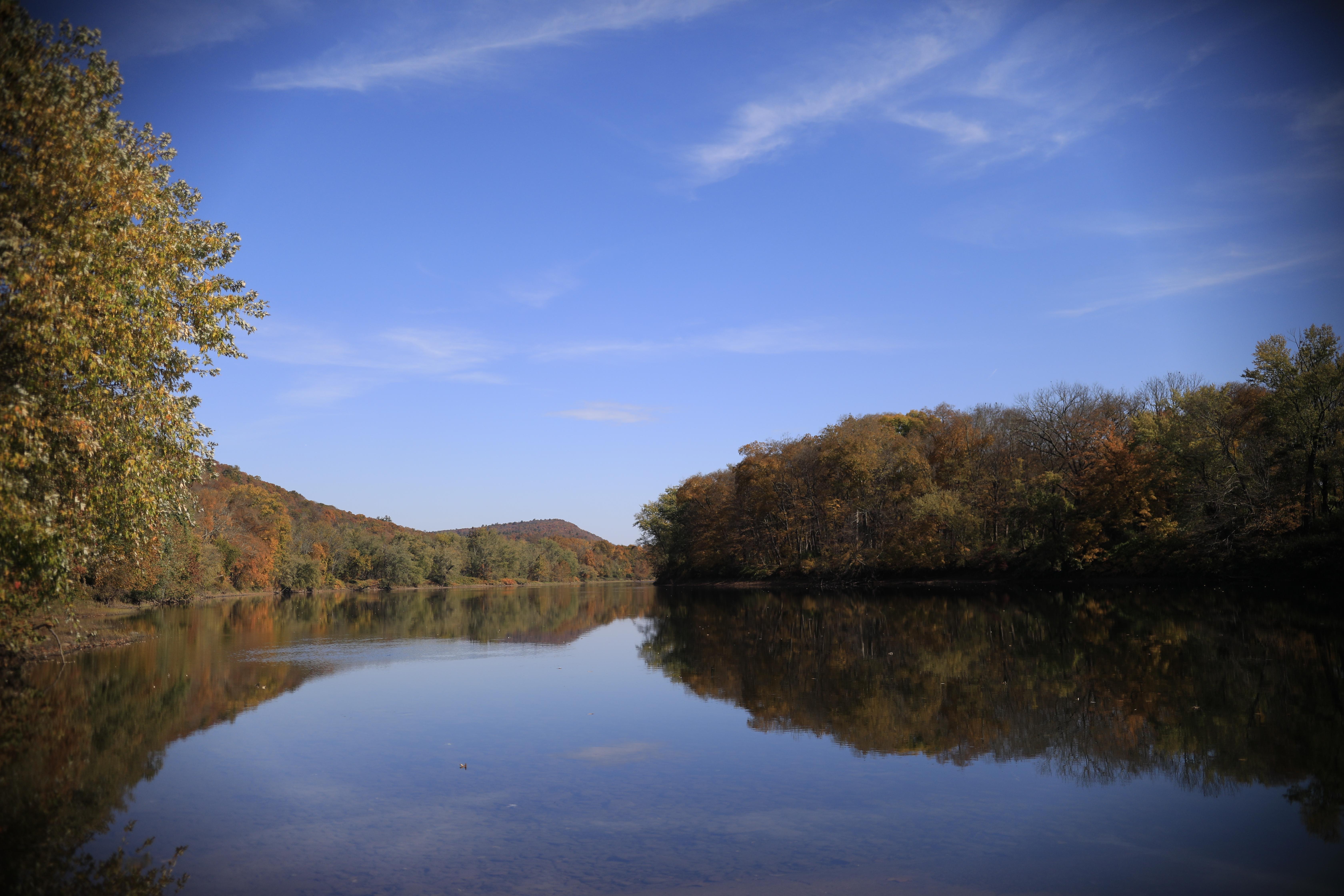 A view of the river from the Bushkill Access in the fall while the leaves are changing colors.