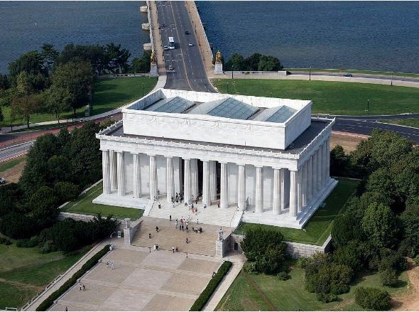 Aerial View of the Lincoln Memorial A rectangular, white colonnaded building seen from the air