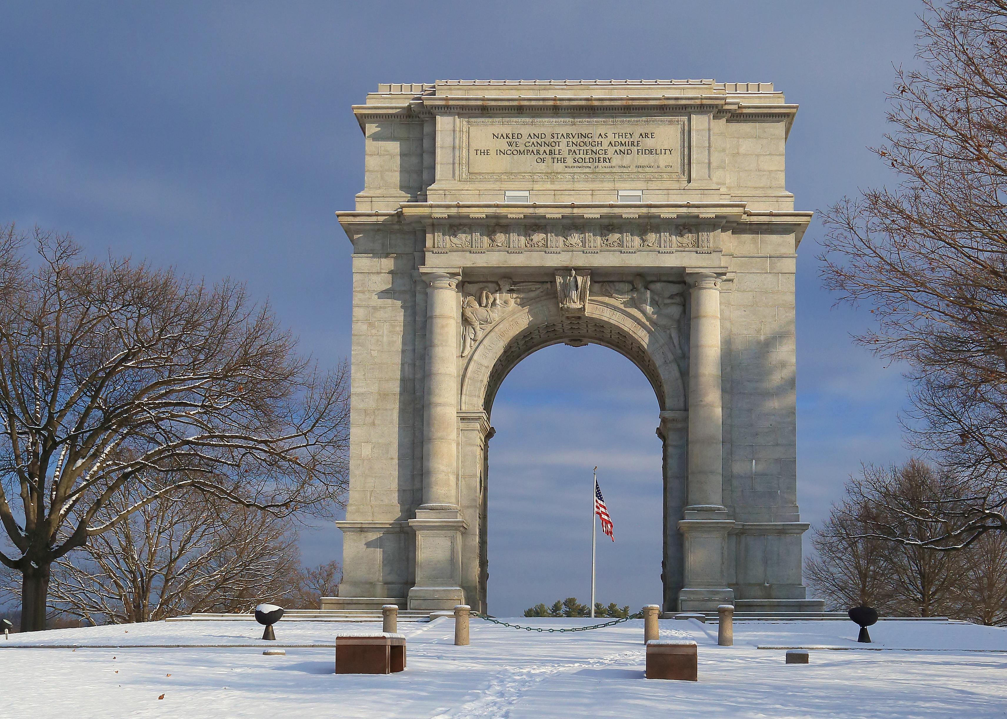 outdoors, arch, monument, snow, trees