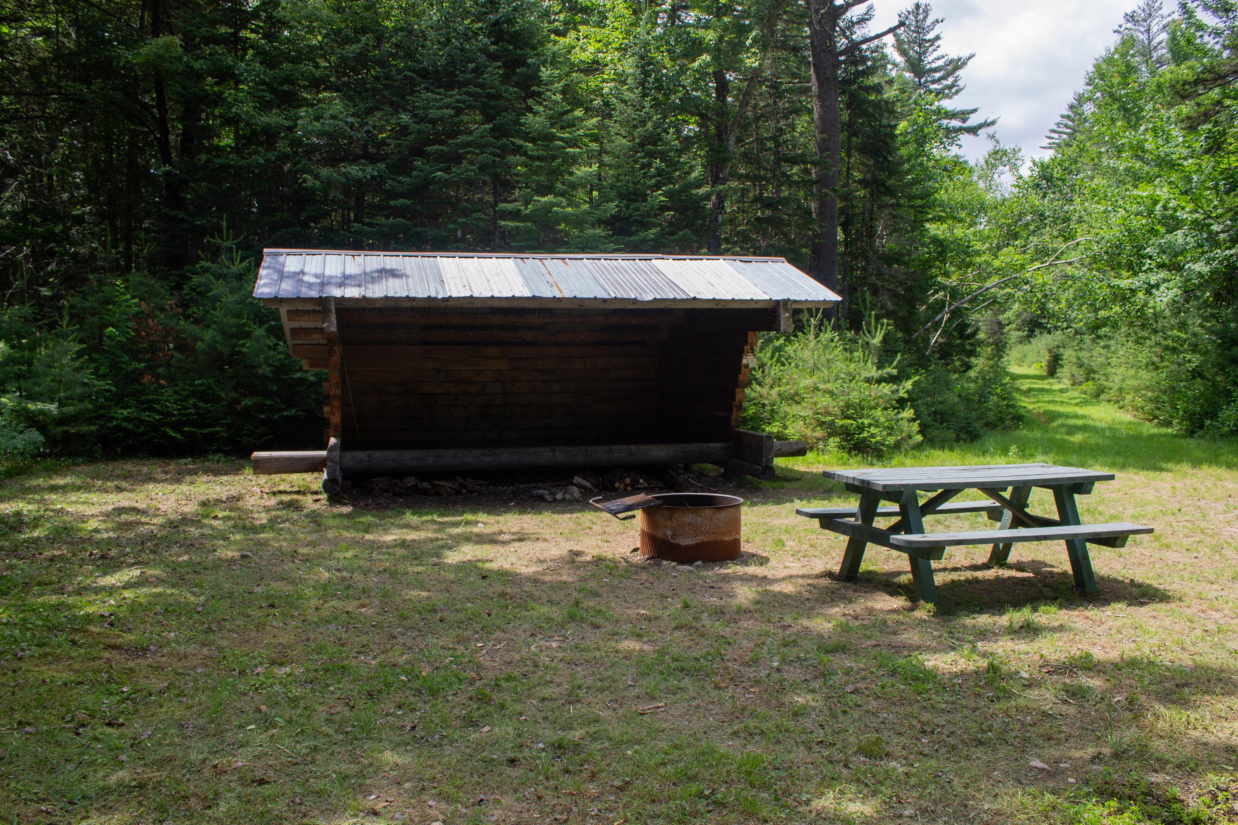 A three-sided wooden lean to with a fire pit and picnic table in a clearing in the woods