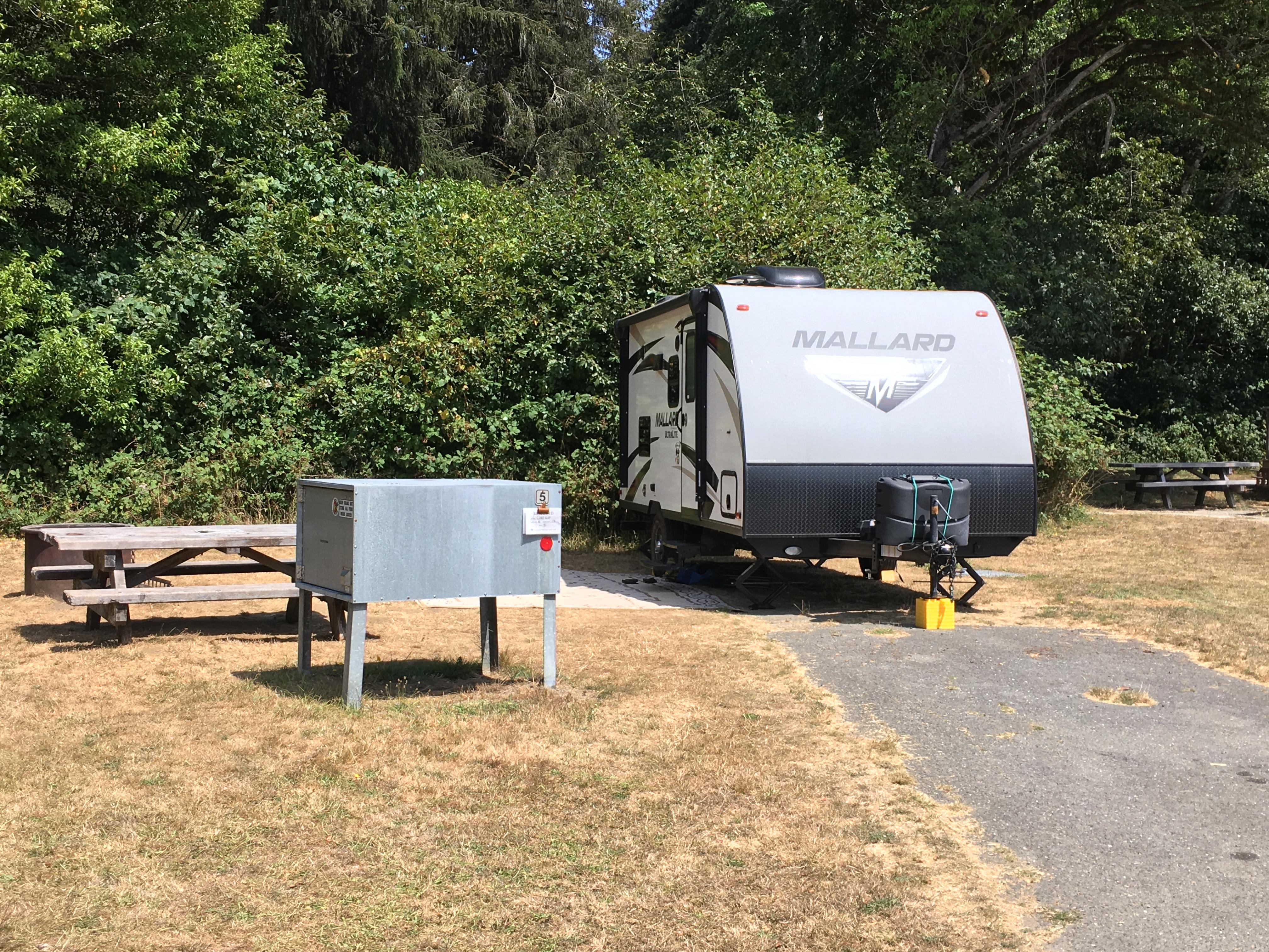 A trailer, picnic table and bear-proof storage box.