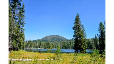 A blue lake fronted by green and yellow meadow, lined by conifers, and backed by a round, volcanic p