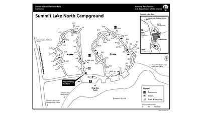 A map of a campground with two side-by-side loops A and B and a day use area on the shore of lake.