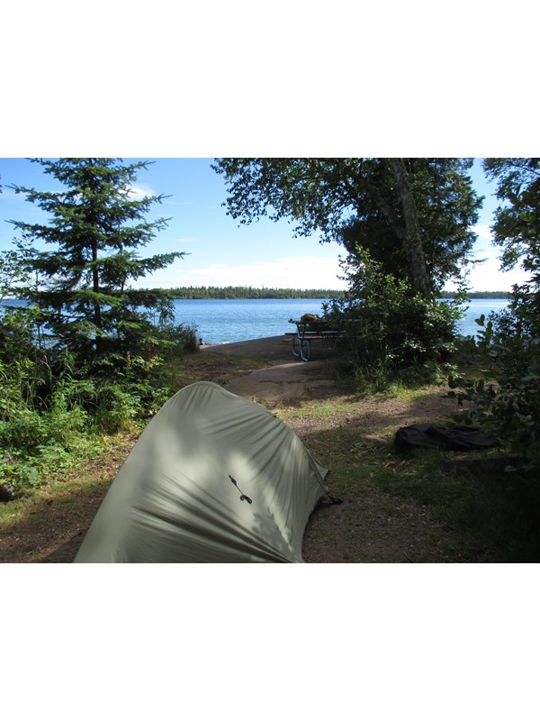 Scenic view of Lake Superior's Rock Harbor Channel from a camp site with a tent.
