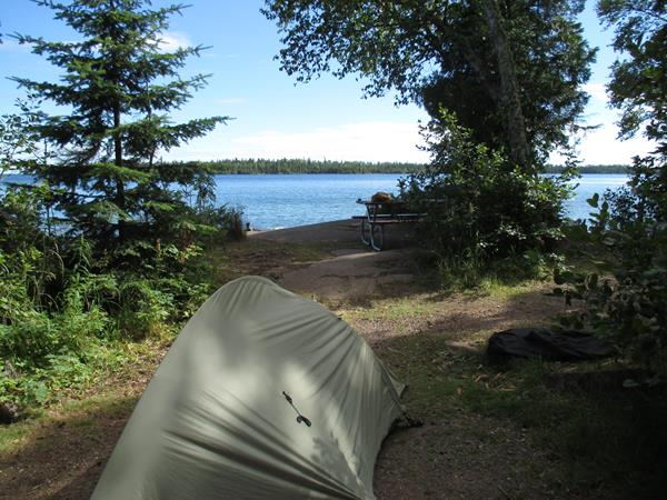 Scenic view of Lake Superior's Rock Harbor Channel from a camp site with a tent.